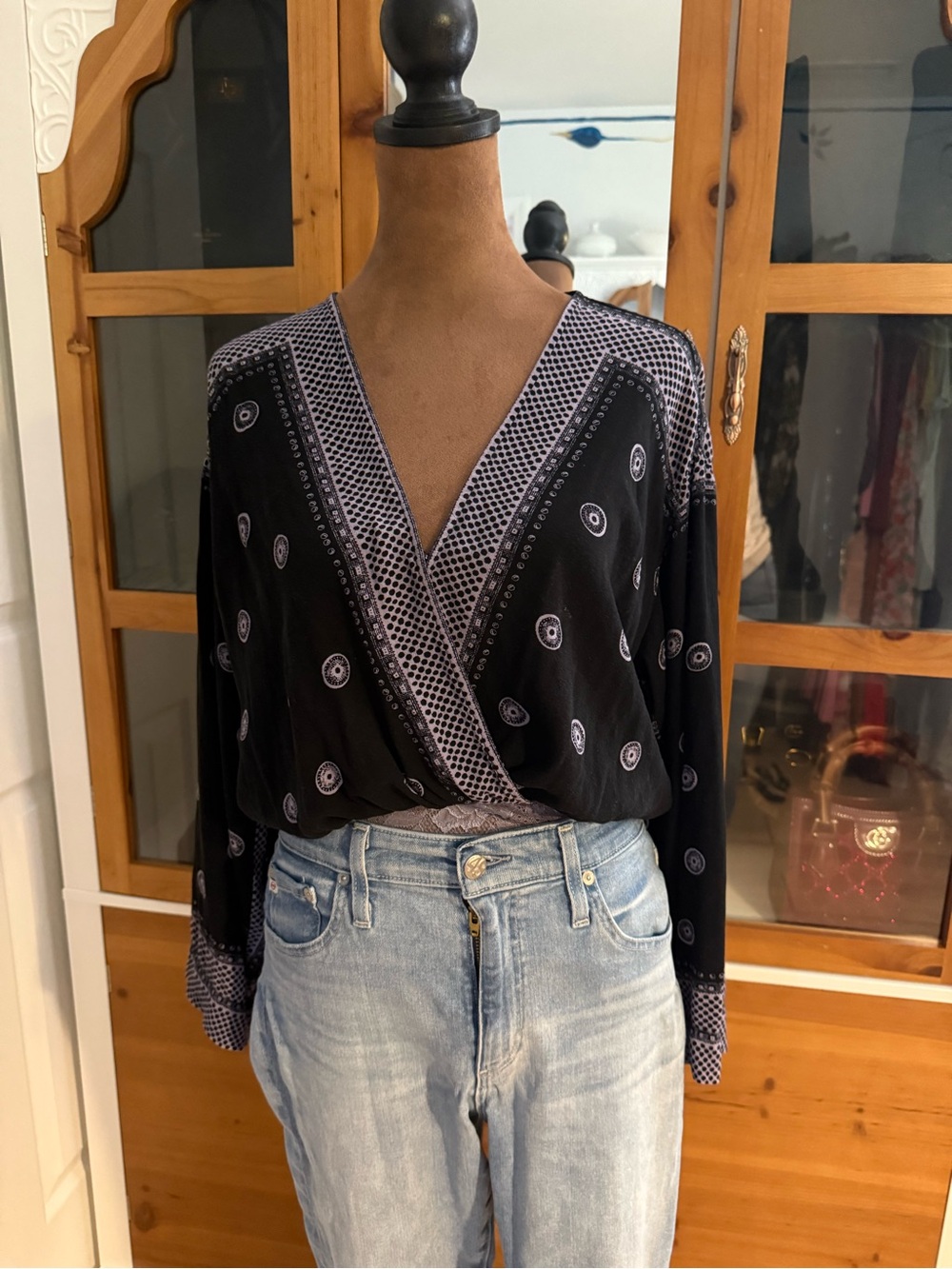 Free People Black Printed Wrap Blouse Bodysuit